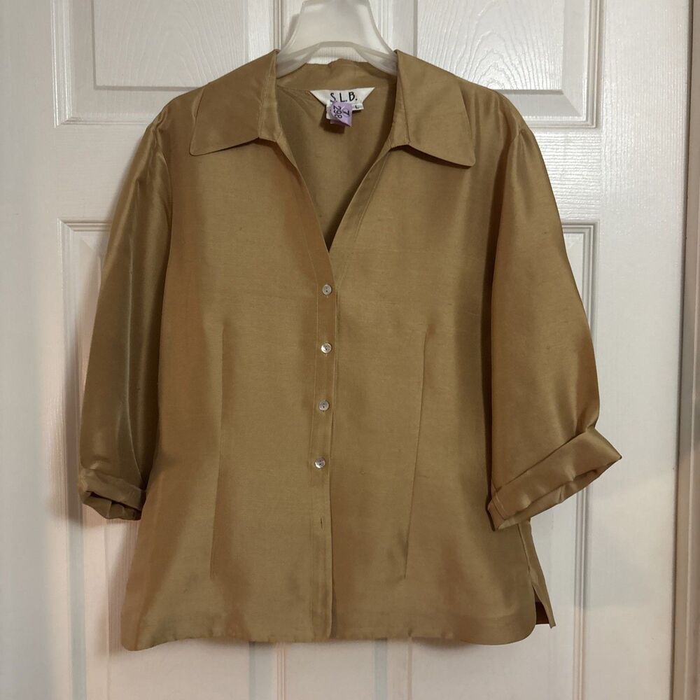 S.L.B. Iridescent Bronze 100% Silk 3/4 Sleeve Button Up V Neck Top,   Size Large